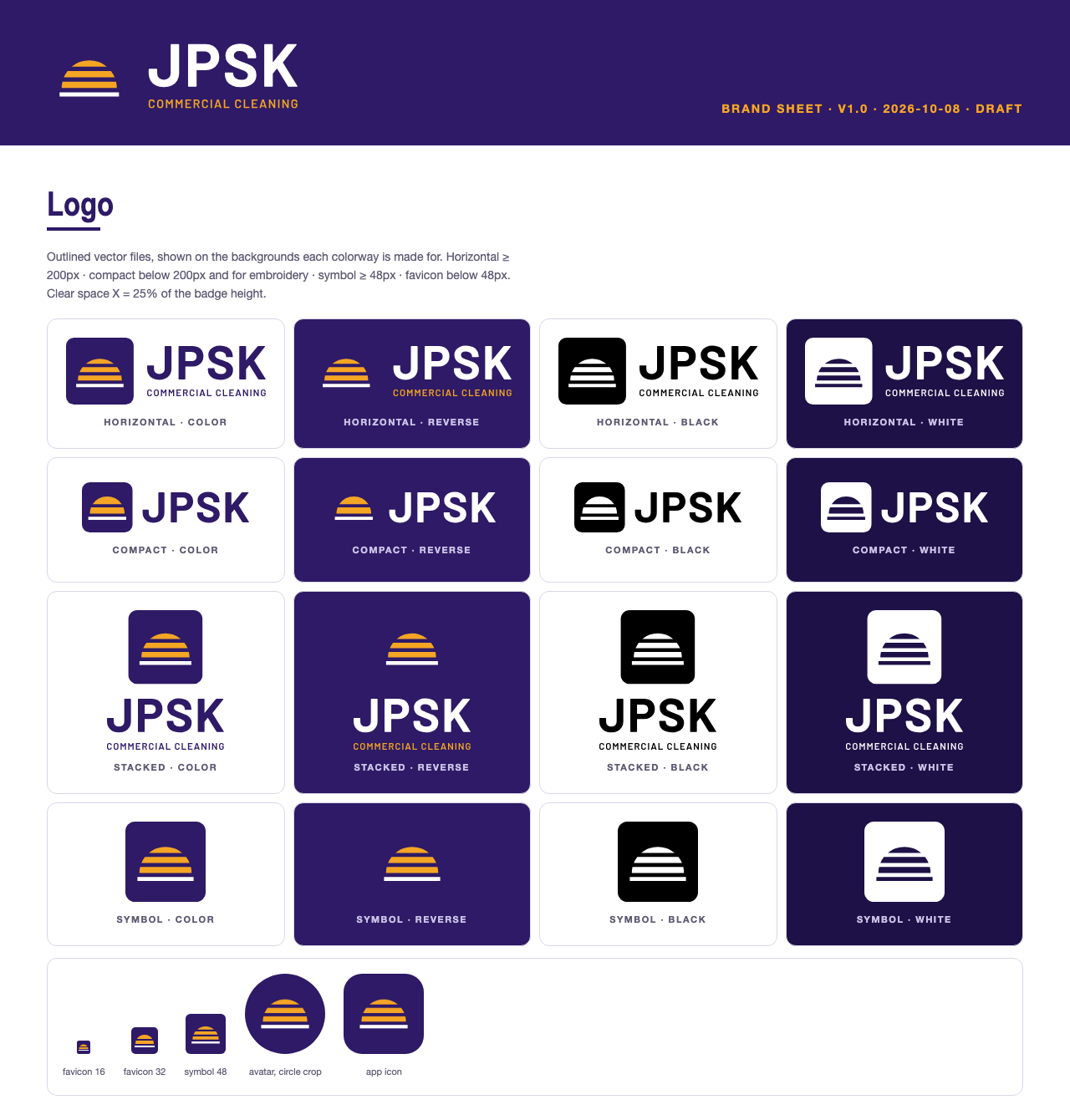 Brand sheet for JPSK Commercial Cleaning: the logo in every layout and color