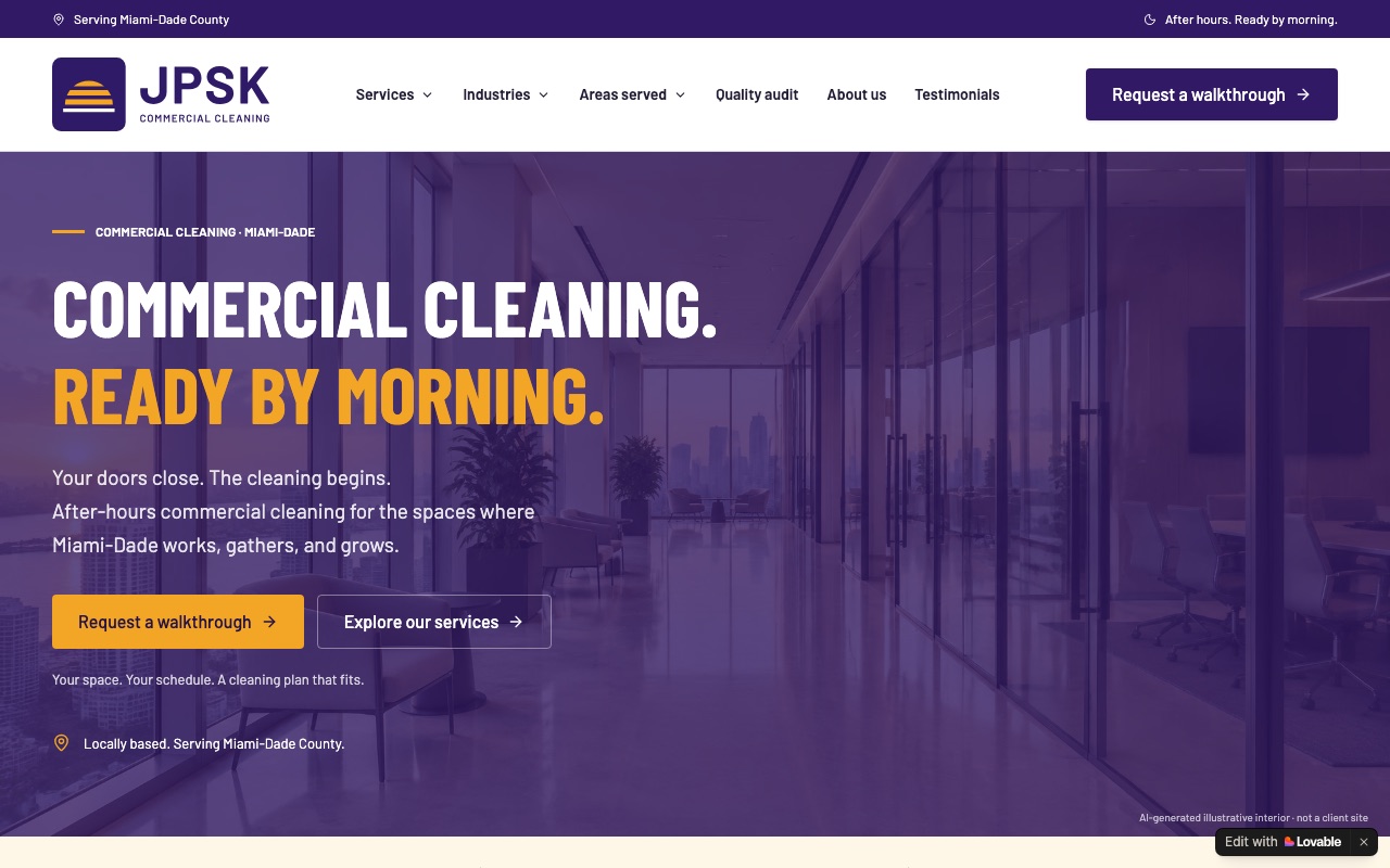 jpskcommercialcleaning.app homepage on a computer