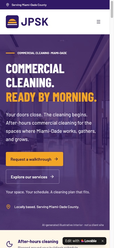 jpskcommercialcleaning.app homepage on a phone